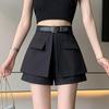 Women's 2026 Spring/Summer High-Waist Black A-Line Wide-Leg Cargo Shorts Skirt