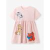 New Foreign Trade Style Children's Clothing, Girls' Cartoon Cat Print Dress, Summer Short-Sleeved Waist-Cinching Pink Princess Dress