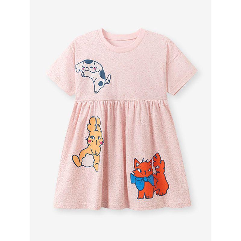 New Foreign Trade Style Children's Clothing, Girls' Cartoon Cat Print Dress, Summer Short-Sleeved Waist-Cinching Pink Princess Dress