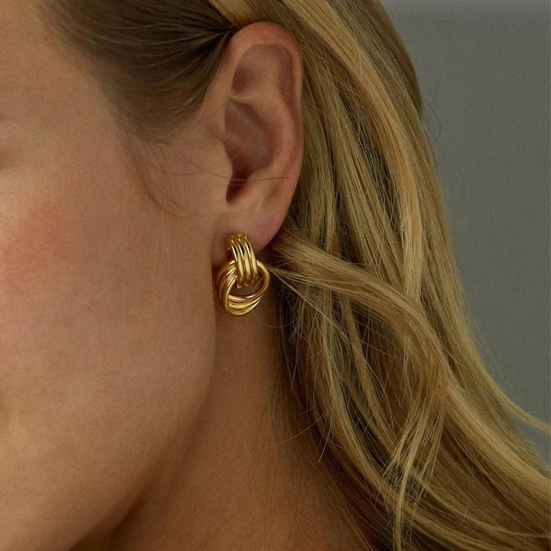 Fashion Glossy Three-Layer Textured Intersecting Knot Earrings for Women Gold Color Stainless Steel Earring Vintage Jewelry Gift