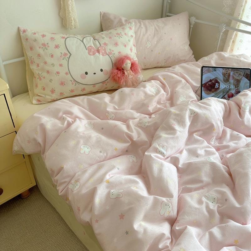 Adorable Puppy Cartoon Cotton Bedding Set, 1.2m Student Dorm - Includes Bed Sheet, Duvet Cover, and Pillowcase.