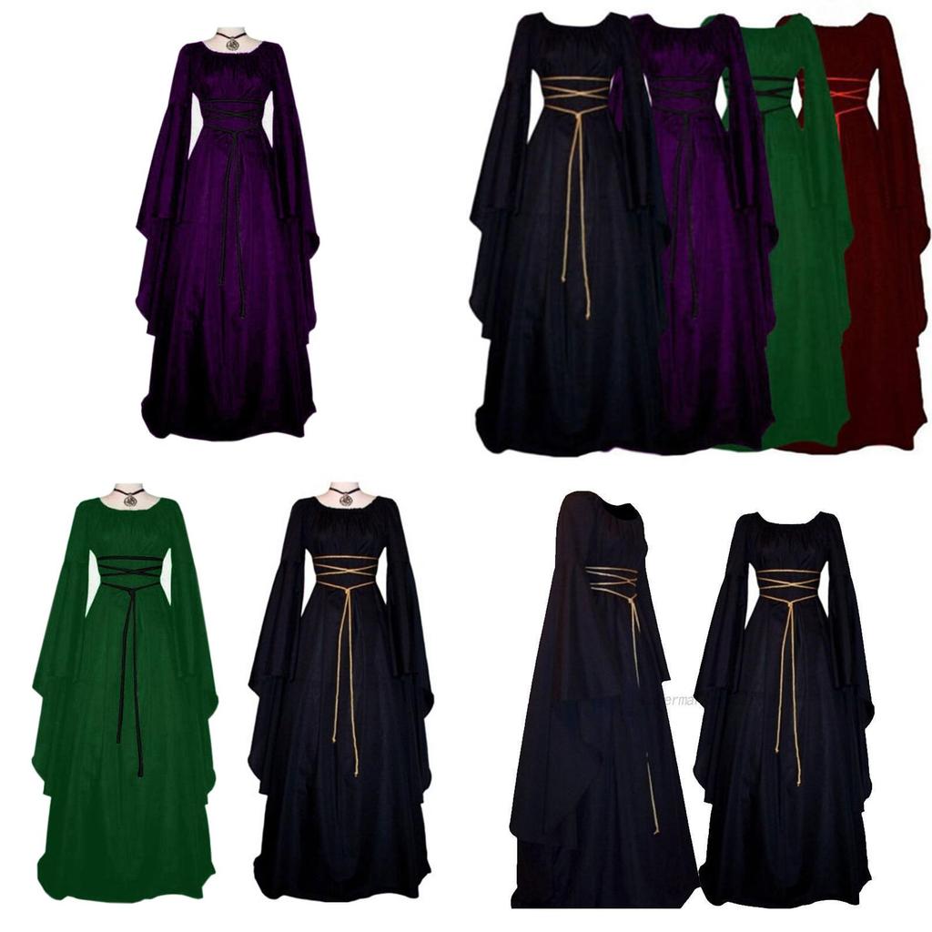 Exquisite Women's Vintage Medieval Dress With Stunning Long Bell Sleeves And Irregular Design