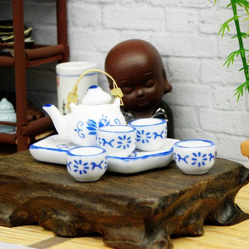 Miniature Teaware Set Model For Children And Collectors With Blue White Porcelain Teapot Cup Tray Doll House Furniture