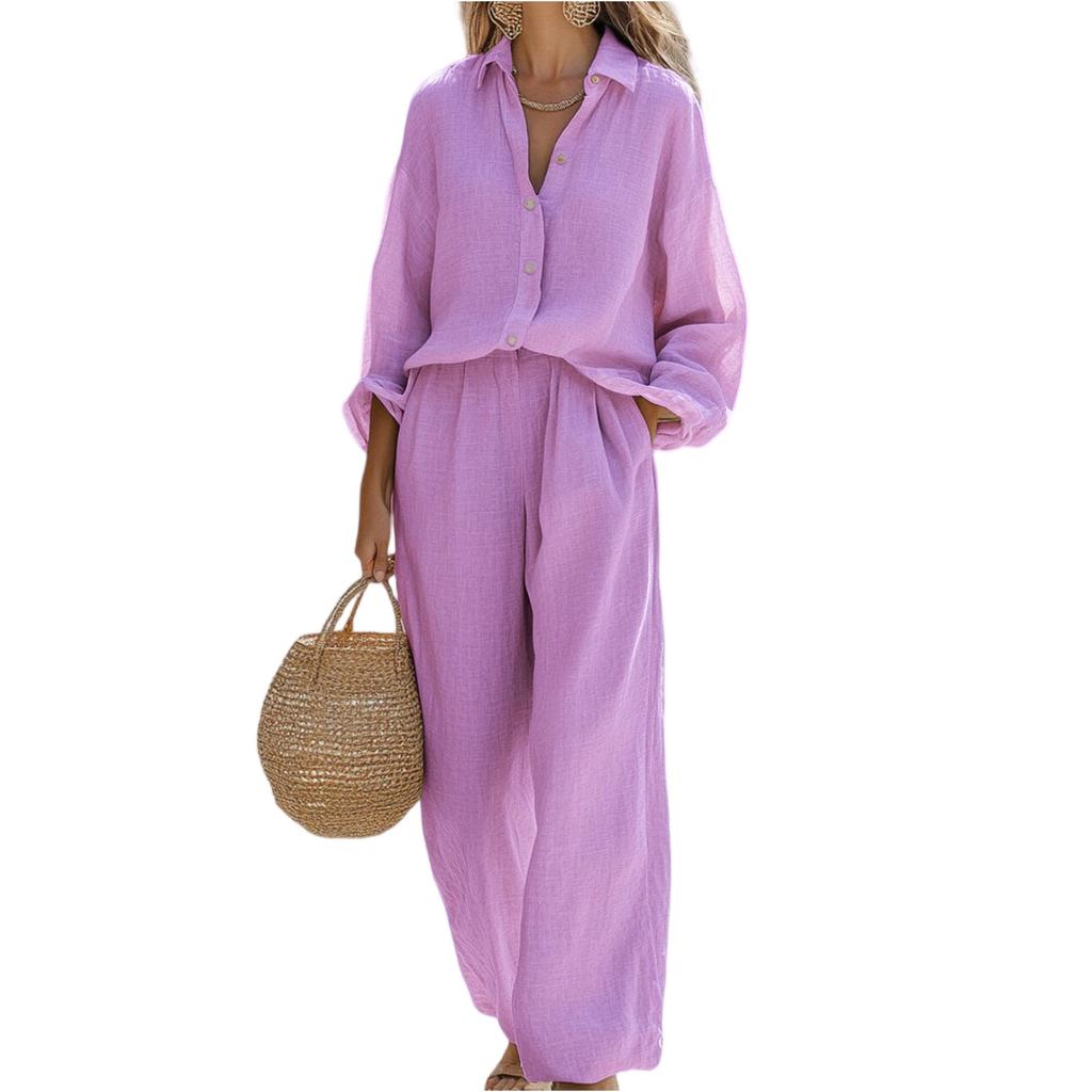 Women's Fashion Two-piece Solid Color Long-sleeved Shirt Trousers Casual Set