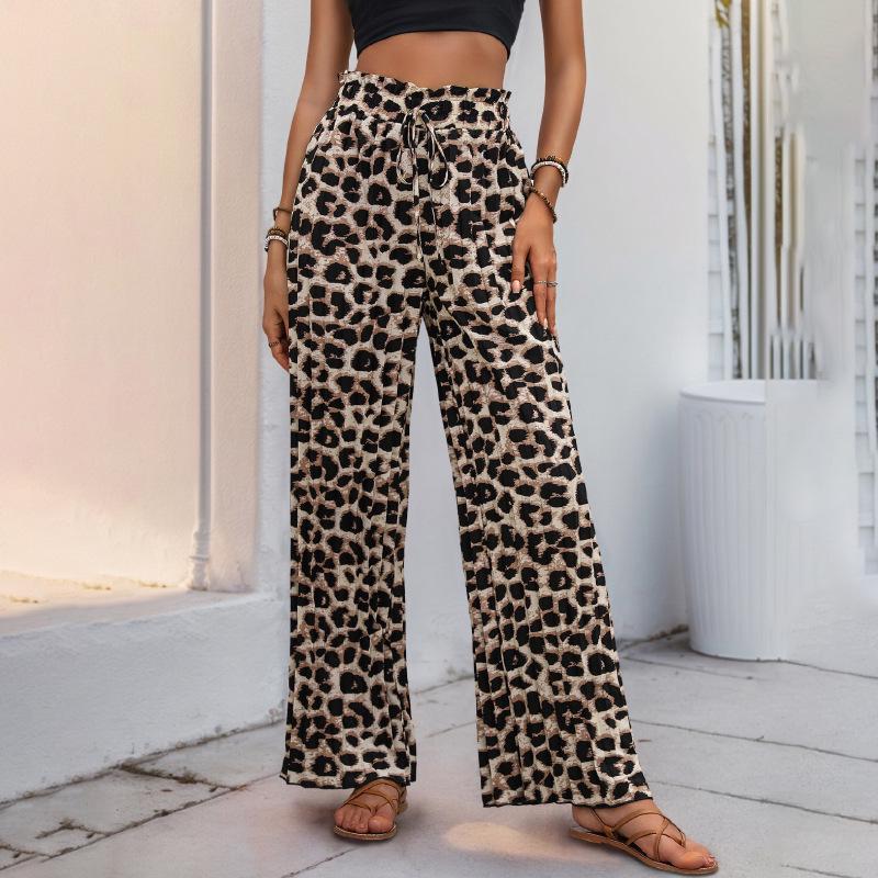 

Women s Leopard Print Lace-Up Wide-Leg Pants - Summer 2026 European & American Fashion S чёрный