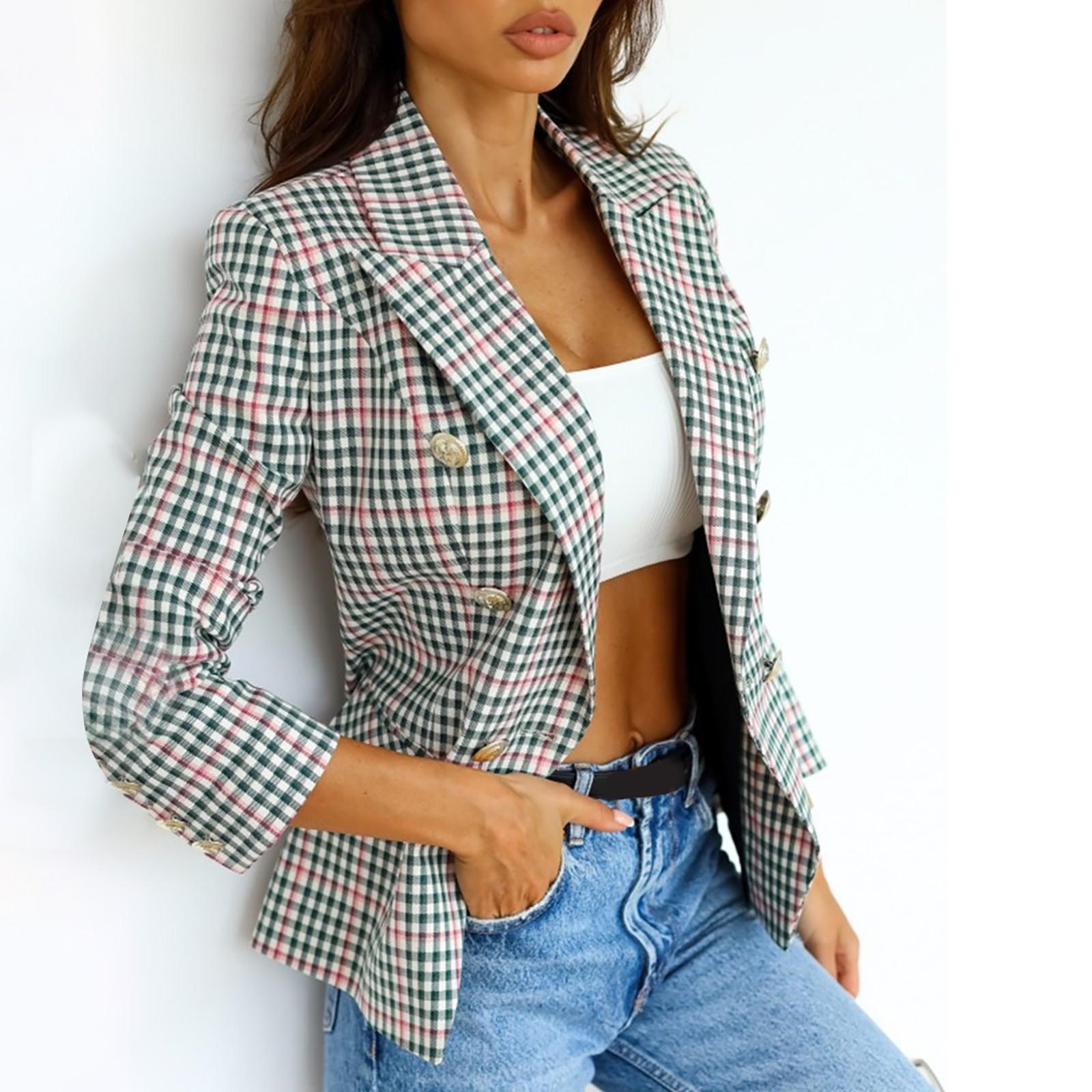 

Женская мода, повседневный костюм в британском стиле, двубортный пиджак в клетку с лацканами M зелёный