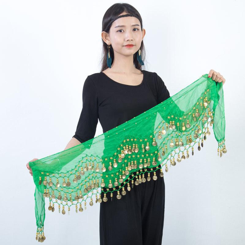 Available: Belly Dance Hip Scarf with 72/83/98/128 Coin Waist Chain - Gold, Three-Layer Design, Indian Style Waist Scarf.