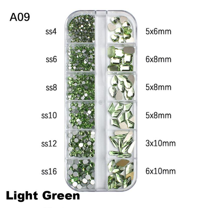 12-Grid 3D Nail Art Rhinestones Set Super-Shiny Flatback Adhesive Rhinestones for DIY Decorative Nail Art Multiple Shapes