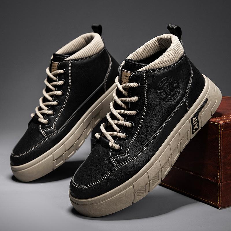 Men's Shoes 2025 New Autumn Leather Waterproof Comfortable Casual Trendy Shoes Men's British Wear-resistant Mid-help Tooling Board Shoes