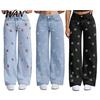 High Elasticity Denim Girl's Bow Cherry Print Baggy Jeans, Wide Leg Mid Waisted Women Jeans Pants, Zipper Fly Elastic Casual Streetwear with Pockets
