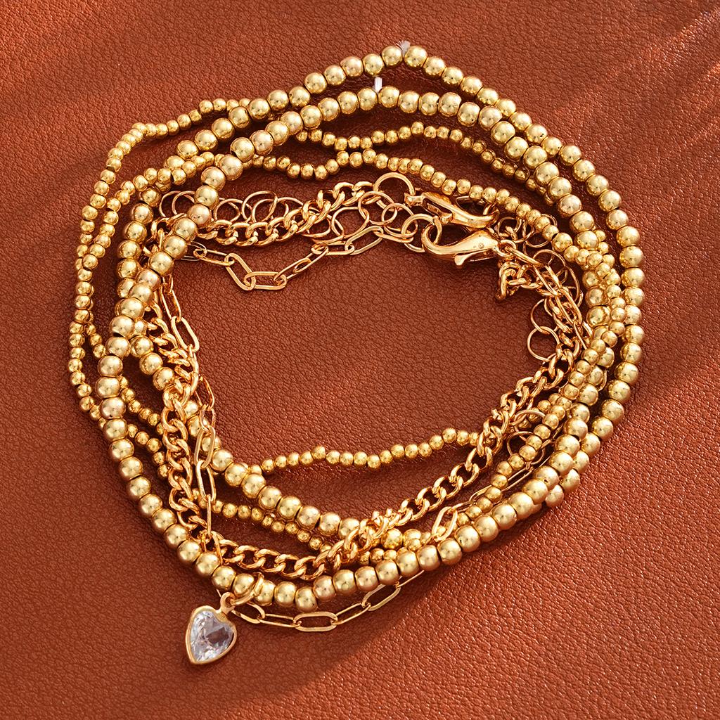 6Pcs/Set Gold Color Heart Crystal Beaded Bracelets for Women Vintage Punk CCB Stretch Pendant Bracelets Set Simple Jewelry Gifts