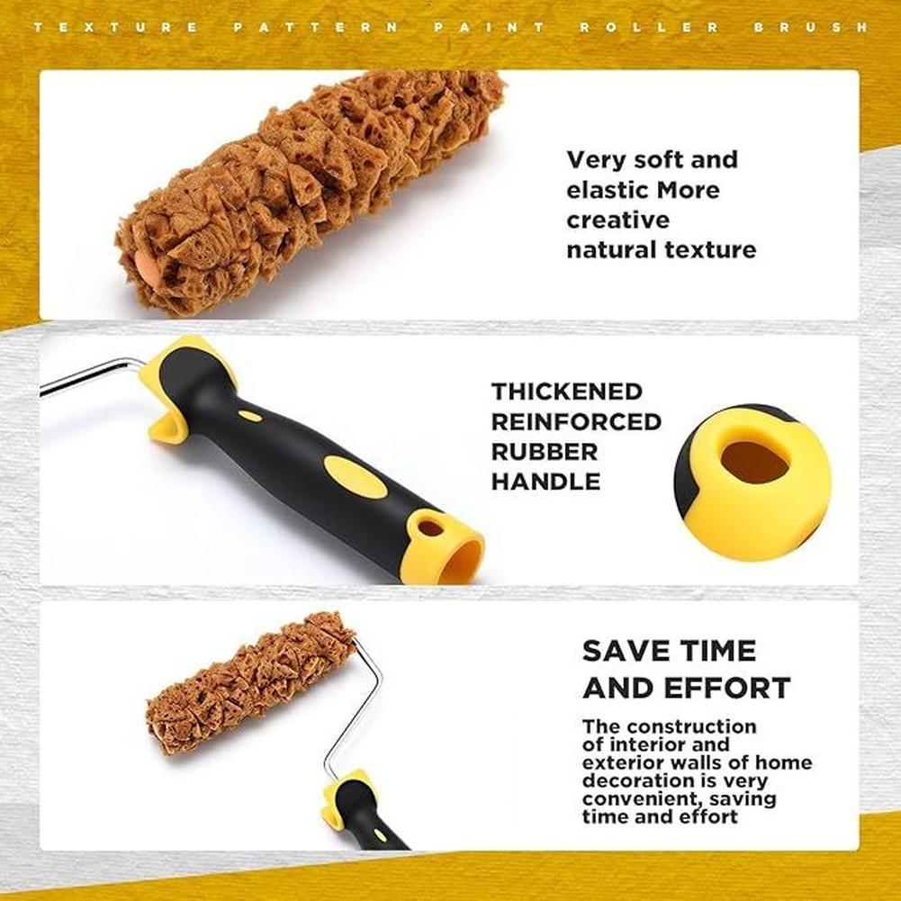 Wall Decoration Roller Brush Kit 3 Piece Set with Textured Sponge Rollers and 6 Inch Pattern Brushes for Artistic Wall Finishes