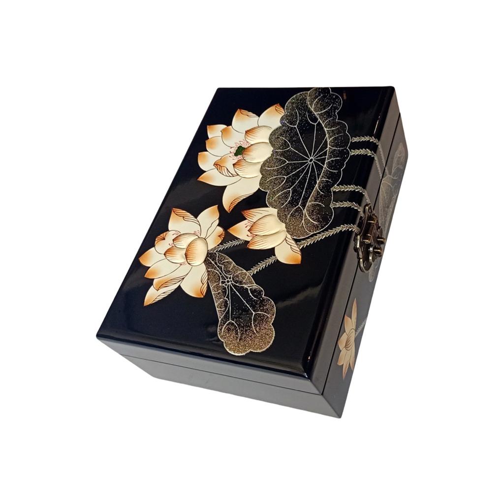Secure Locking Lacquer Jewelry Organizers Hand Painted Wood Storage Box for Valuables and Accessories
