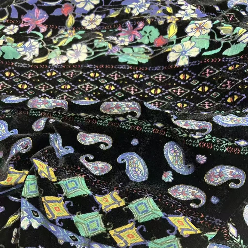 1meter Retro Black Color Bohemian Style Floral Patterned Velvet Fabric Brocade Jacquard Fabrics for DIY Sewing Dress Cheongsam