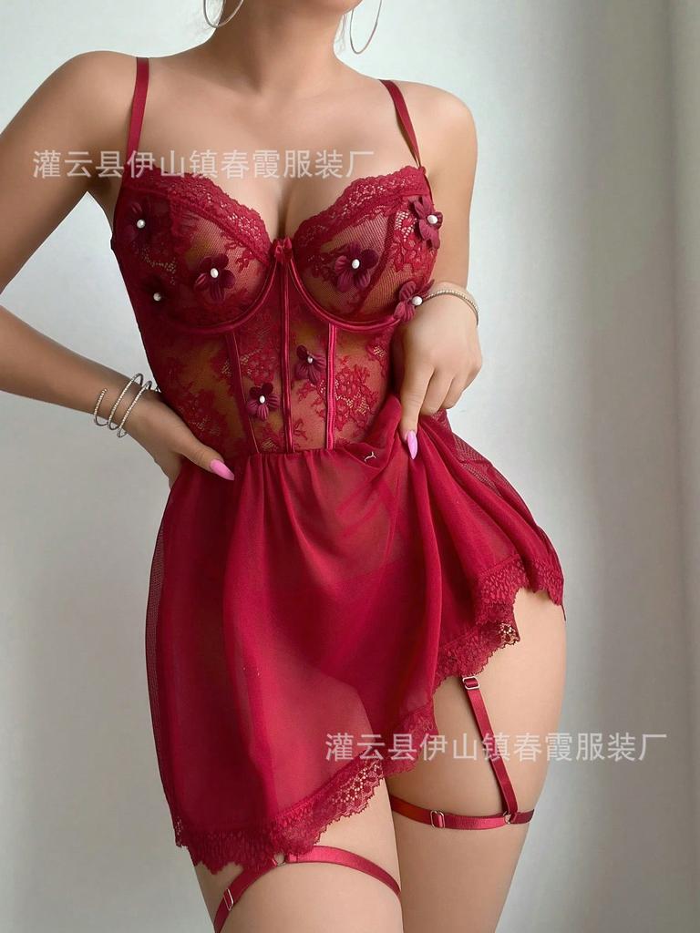 Black Straps, Breast-showing Underwear, Sexy Mesh Set, European and American Pajamas.