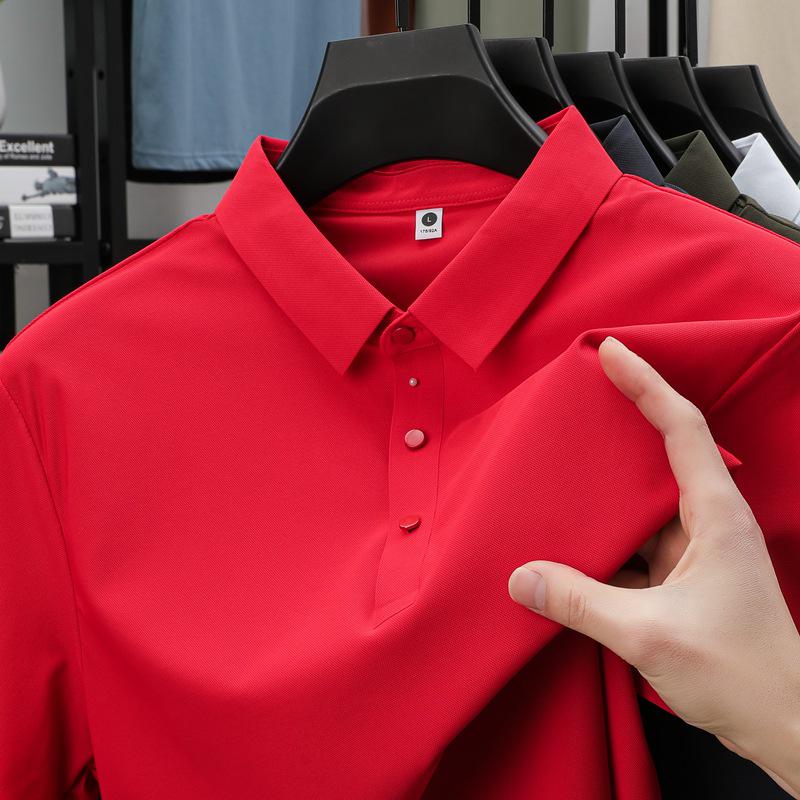 Pánské letní polo tričko z ledového hedvábí - Elastické, nemačkavé, jednobarevné, krátký rukáv, Business Casual s límečkem.