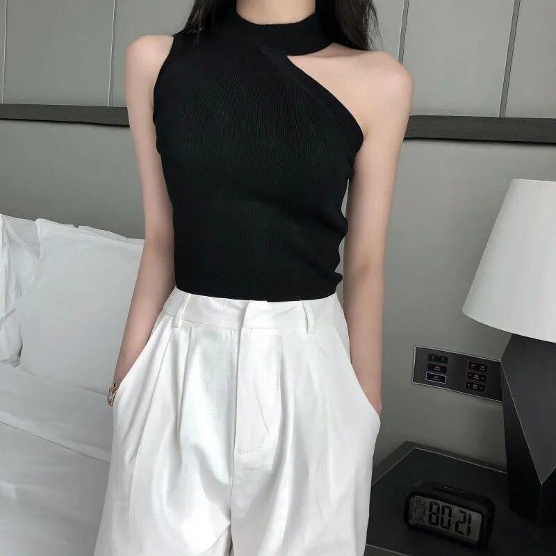 Women Tank Tops Off-the-shoulder Sleeveless Hanging Neck Knitted Small Vest Female Slim Slimming T-shirt