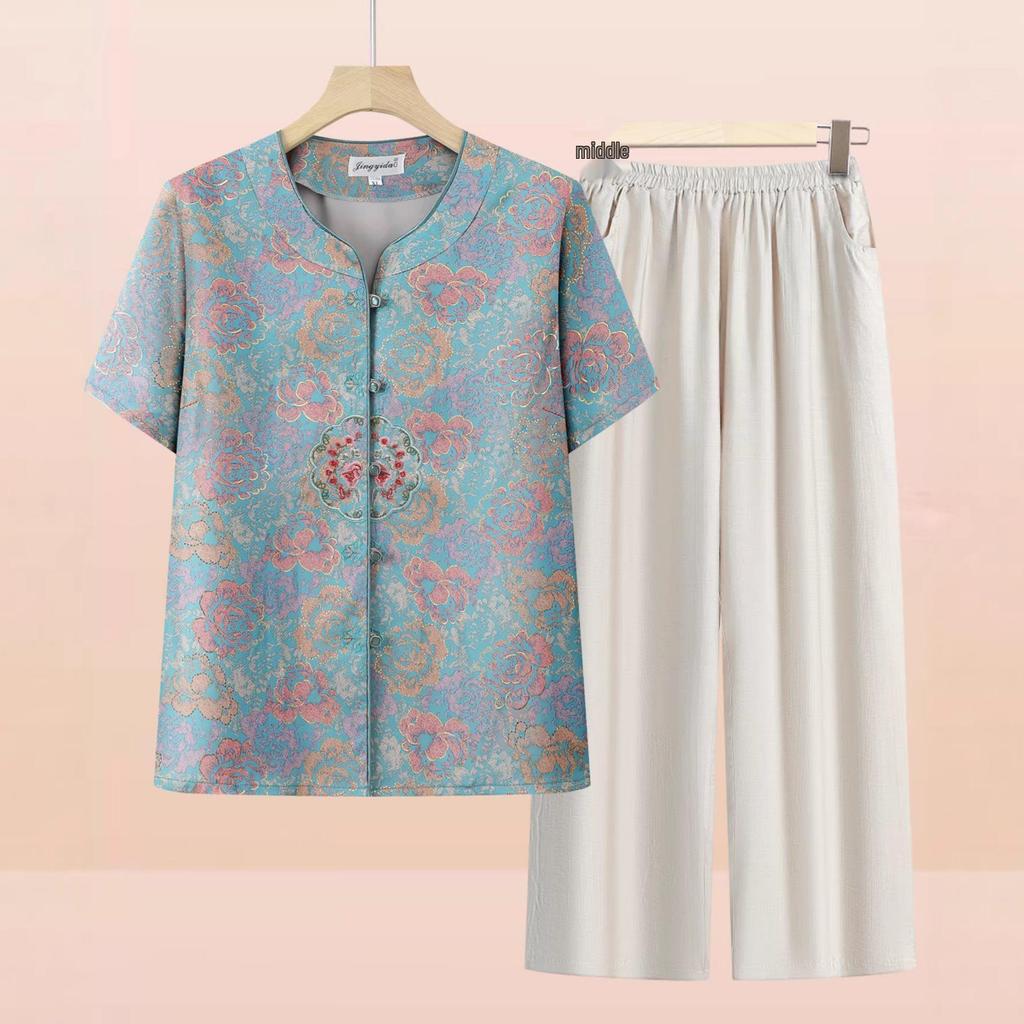 Mom's Chinese Style Summer Top Set: Short-Sleeved Shirt & Two-Piece Outfit for Middle-Aged and Elderly Women