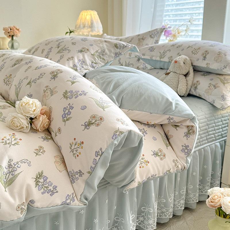 

Четырехпредметный стеганый комплект постельного белья из чистого хлопка из двойной пряжи Простыня Пододеяльник Одеяло Покрывало на кровать Приятное к коже постельное белье 1.8m four-piece set