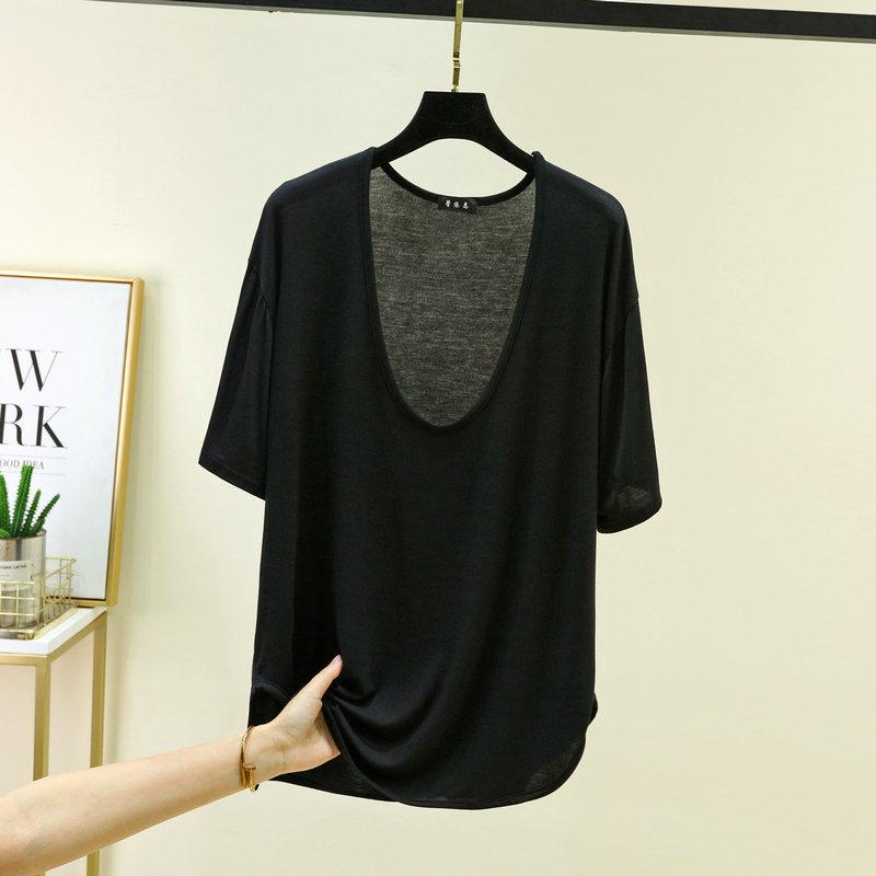 Modal Deep U-Neck Tshirt Summer Loose Short-sleeved T-shirts Simple Thin Tees Casual Tee Tops