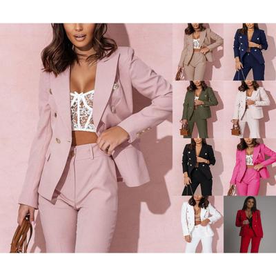 Women's Double-Breasted Office Suit Set, Professional Blazer with Comfortable Trousers, Business Casual Two-Piece for Commute & Workwear