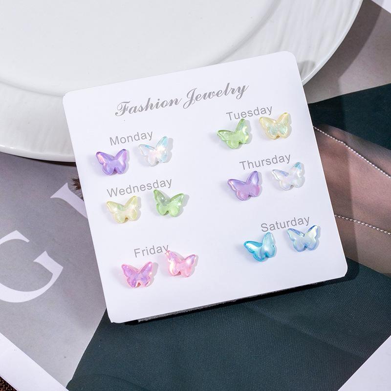 Delicate Small Fresh Week Stud Earrings Set Cute Cartoon Candy Watermelon Butterfly Imitation Silver Needle Small Daily Earrings