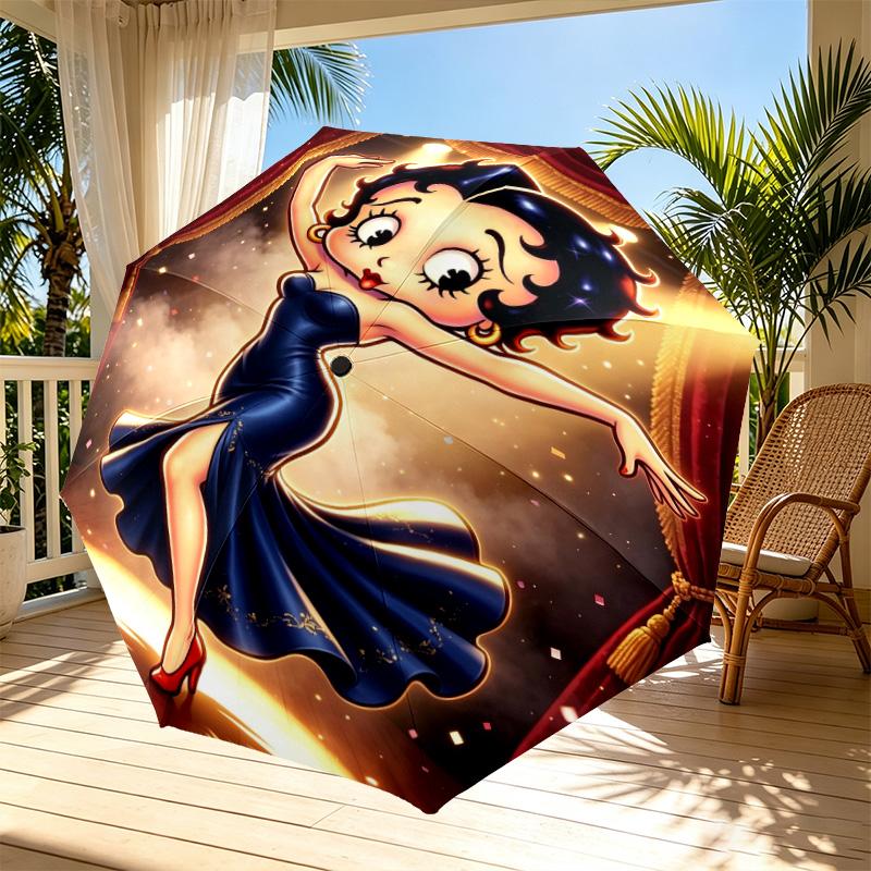 Betty Boop Print Automatic Open Close Umbrella, Portable Foldable Umbrella, for Outdoor Commute Camping Trip, Ideal Birthday Gift