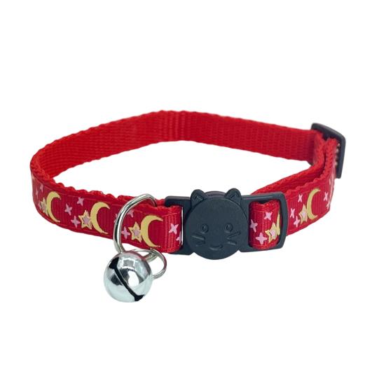 

Ошейник для питомца Лицо кошки Застежка безопасности Быстросъемный Регулируемая длина Мягкий колокольчик Горячее тиснение Дизайн Звезда Луна Ошейник для кошки красный
