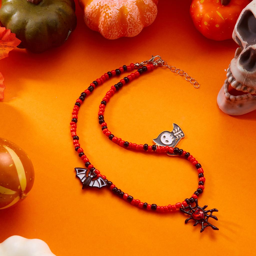 Halloween Colorful Rice Beads Chain Necklace for Women Men Black Cat Spider Bat Pumpkin Ghost Pendant Choker Clavicle Jewelry
