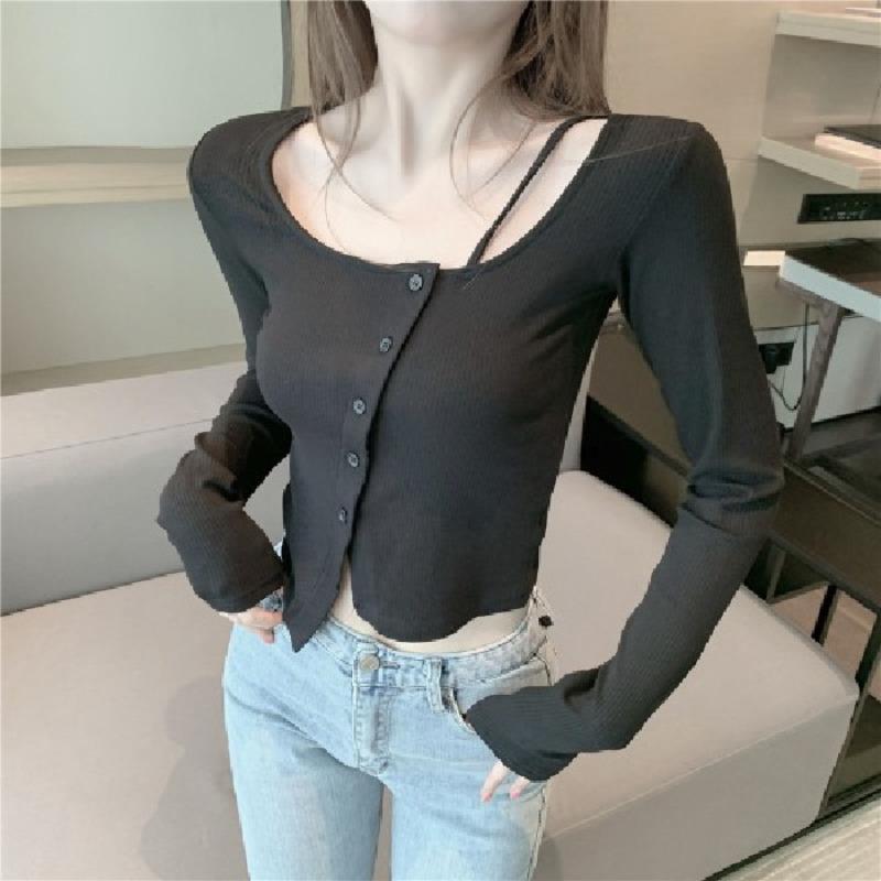 

Irregular Short T-shirt Women s Autumn Clothes New Inner Long-sleeved High-waisted Slim-fit Top 3XL чёрный