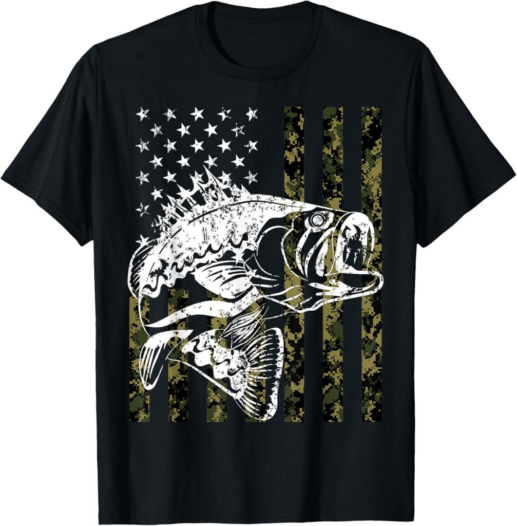 Camouflage American Flag Bass Fish Fisherman Fishing Gift T-Shirt 100% Cotton O-Neck Short Slee