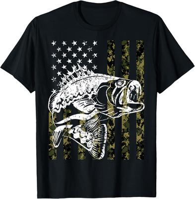 Camouflage Amerikanische Flagge Barsch Fisch Angler Angeln Geschenk T-Shirt 100% Baumwolle Rundhals Kurzarm Sommer Lässig Herren T-Shirt