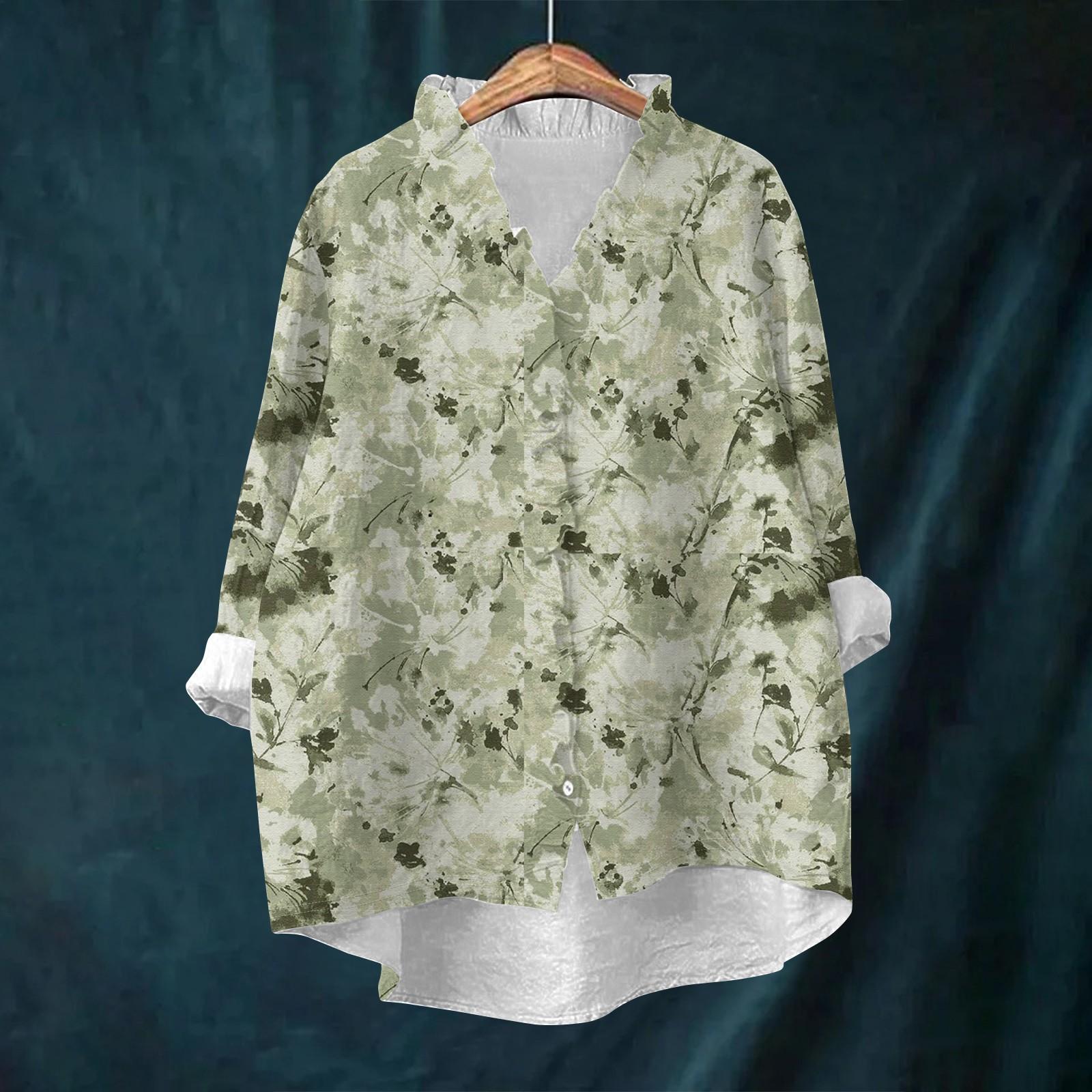 Women s Loose Ruffled Retro Floral Print Stand Collar Long Sleeve Cotton And Linen Top S