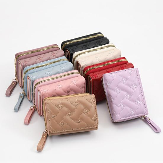 Women Stylish Tri-Fold Wallet Embroidered Heart Cash Wallet Mini Card Holder Wallet with Zippered Coin Pocket for Dating Shopping