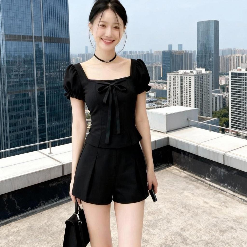 2026 Retro Puff Sleeve Two-Piece Women's Summer Set: Slim Short Sleeve Top & Shorts