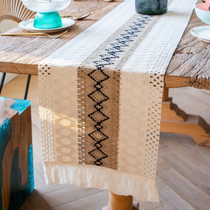 Tischfahne aus Baumwolle und Leinen zum Spleißen, zweifarbige gewebte Tischdecke mit Quaste, natürliches Material, Dekoration für den Homestay, pastorale Dekoration