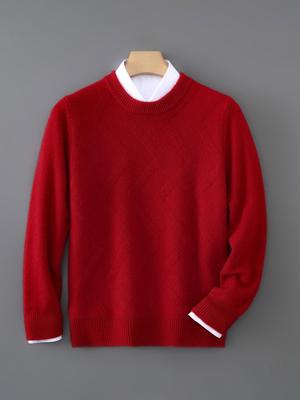 100% Pure Wool Men's Loose Fit Round Neck Red Sweater, New Year's Style, Plus Size Available