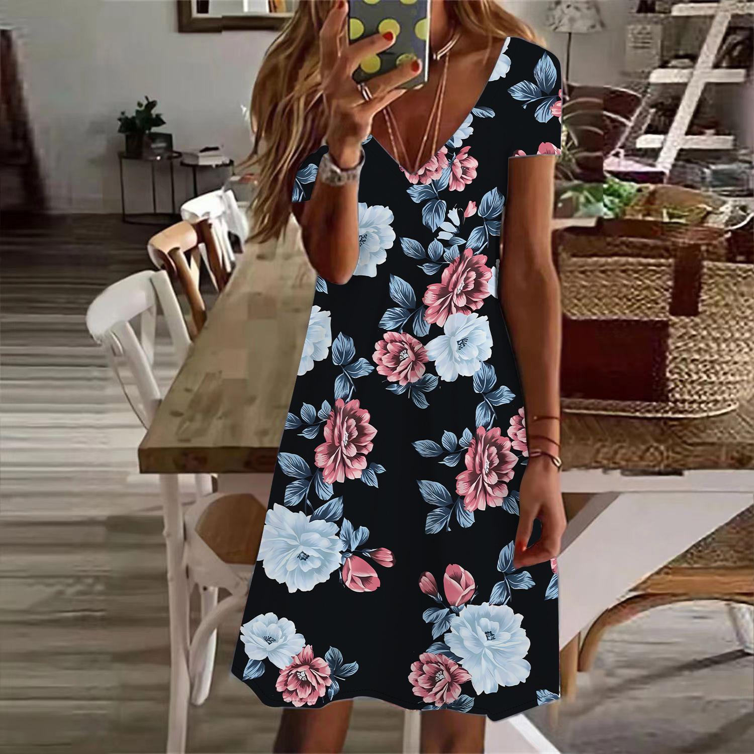 Летняя мода женское платье с V-образным вырезом и коротким рукавом с принтом синего пиона — фото 2