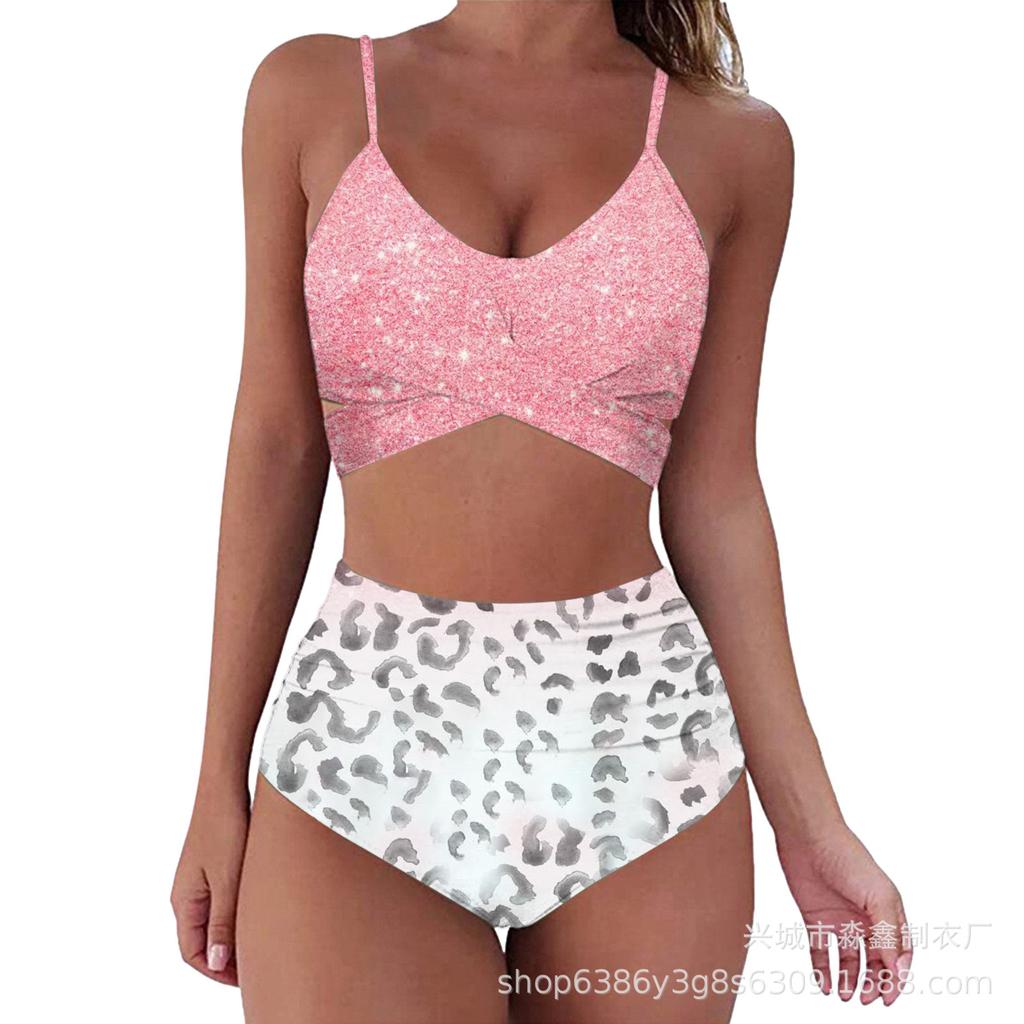 Explosive Leopard Print Cross High Waist Split Bikini, Sexy BIKINI Swimsuit for Women, Direct Supply
