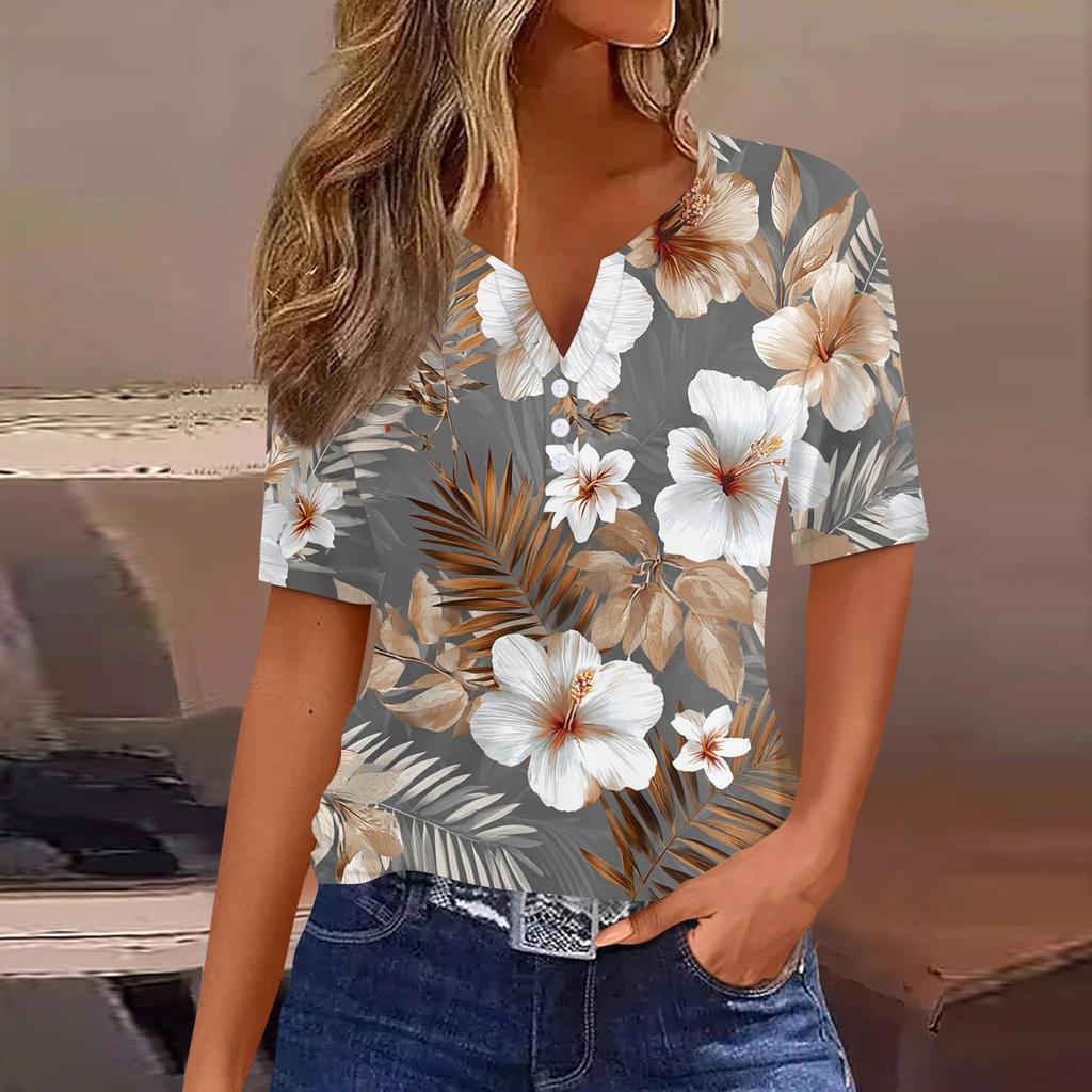 Women's fashionable casual Hawaiian print V-neck short-sleeved button-down T-shirt top