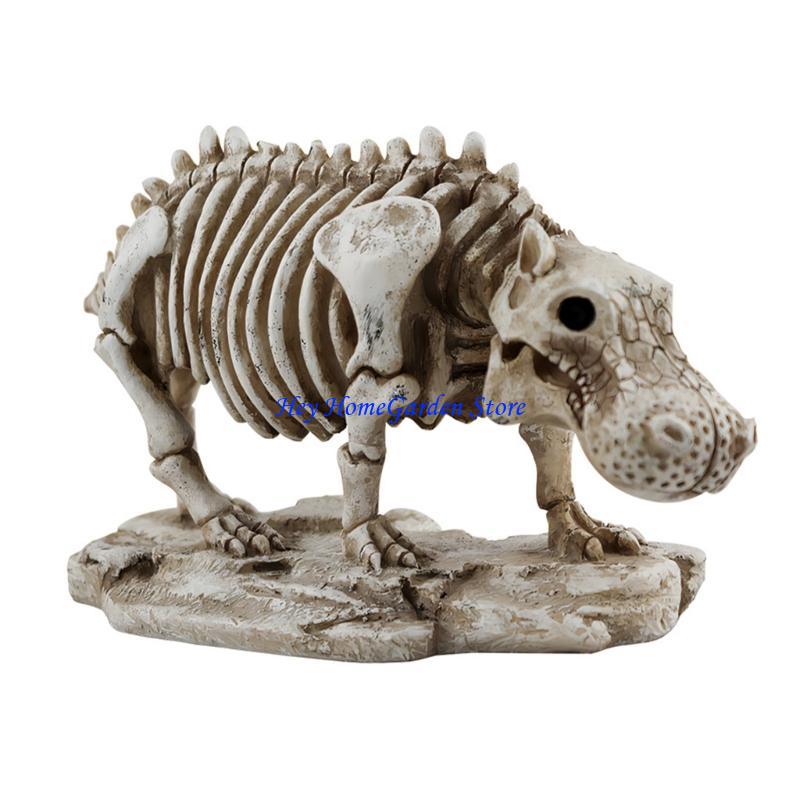 652F Artistic Resin Skeleton Hippo Decors Mystical Felines Skeleton Resin Statue, Artistic Desk Decoration for Creative Space