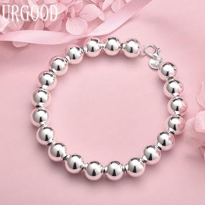 Bracciale con catena a perline rotonde da 10 mm in argento sterling 925, gioielli da sposa alla moda