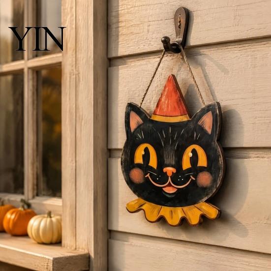 Outdoor Ghost Door Decorations Halloween Wooden Hanging Pendant with Lanyard, Retro Ghost/Pumpkin/Skull/Black Cat Black Wall Art for Front Porch Party