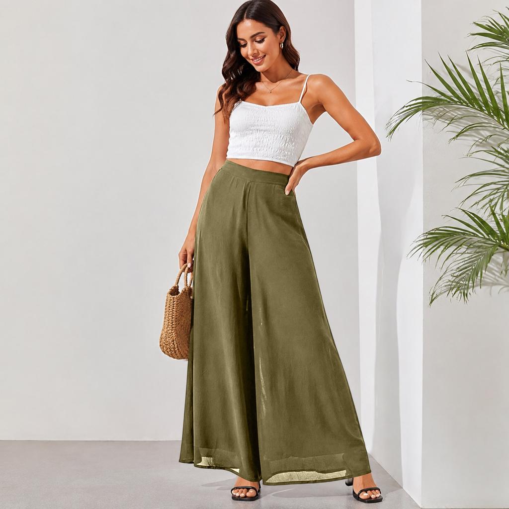 Women's Chiffon Wide Leg Pants Loose Fit Long Trousers Lightweight High Waist Flowing Design for Casual Wear