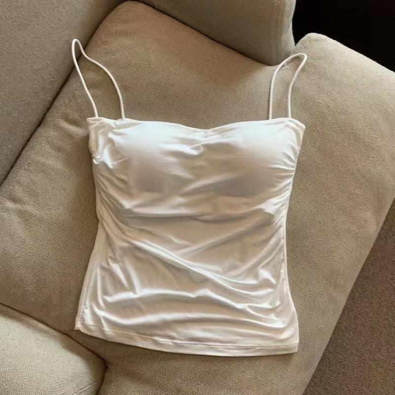 Pleated Camisole Women's Belt Chest Pad Inner and Outer Wear Beautiful Back Thin Shoulder Straps Thin Bottoming Top Women's Summer
