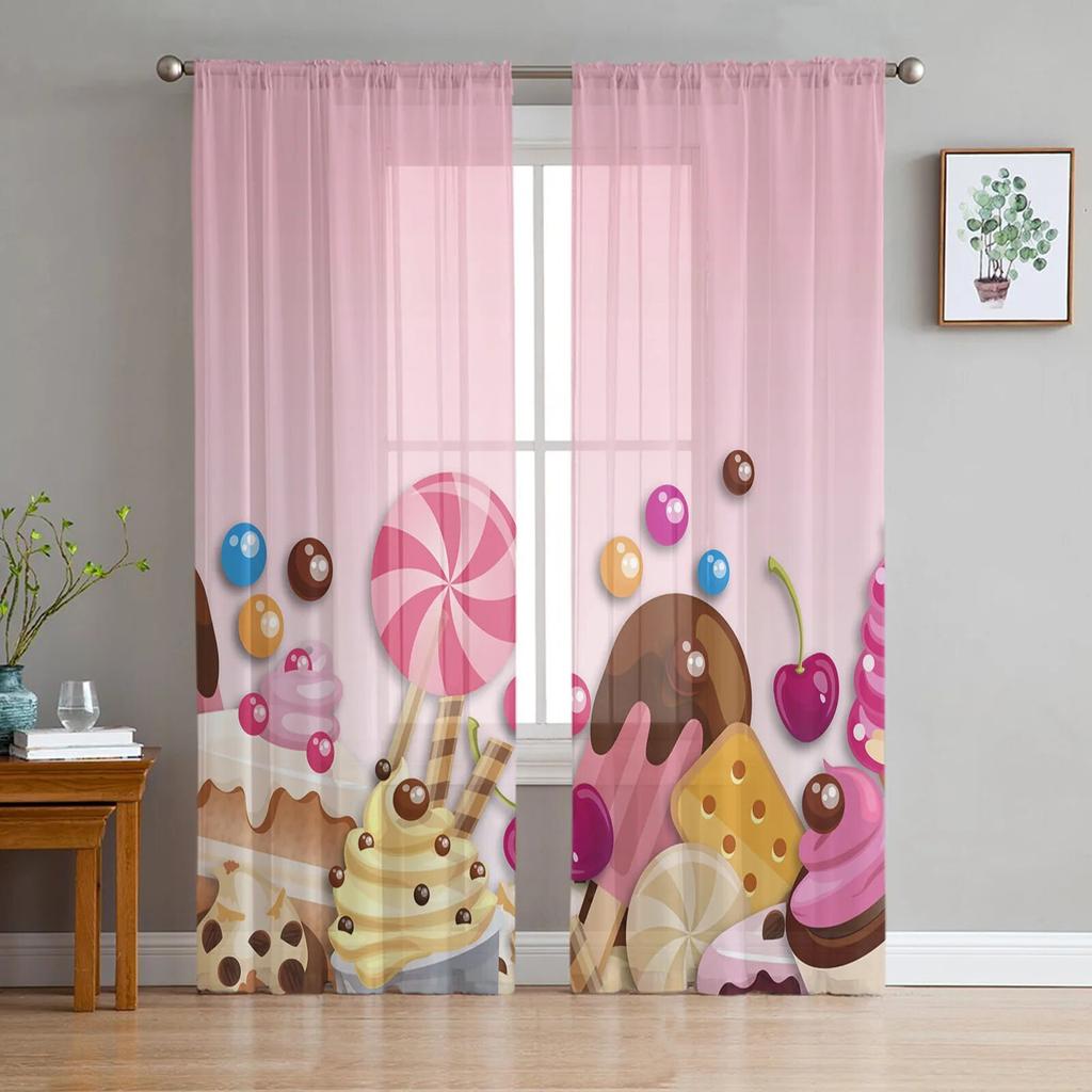 Cartoon Food Ice Cream Cup Sheer Window Curtains for Living Room Bedroom Kitchen Room Chiffon Tulle Curtains Panel