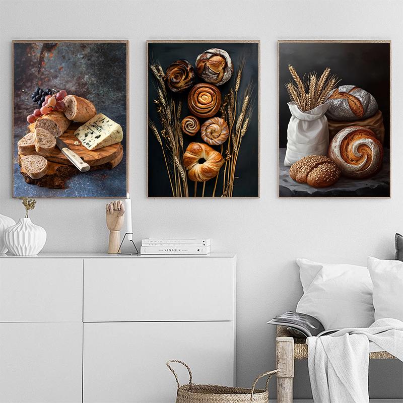 Delicious Assortment of Fresh Bread Posters Freshly Baked Wheat Prints Canvas Painting Wall Art Pictures Home Living Room Decor