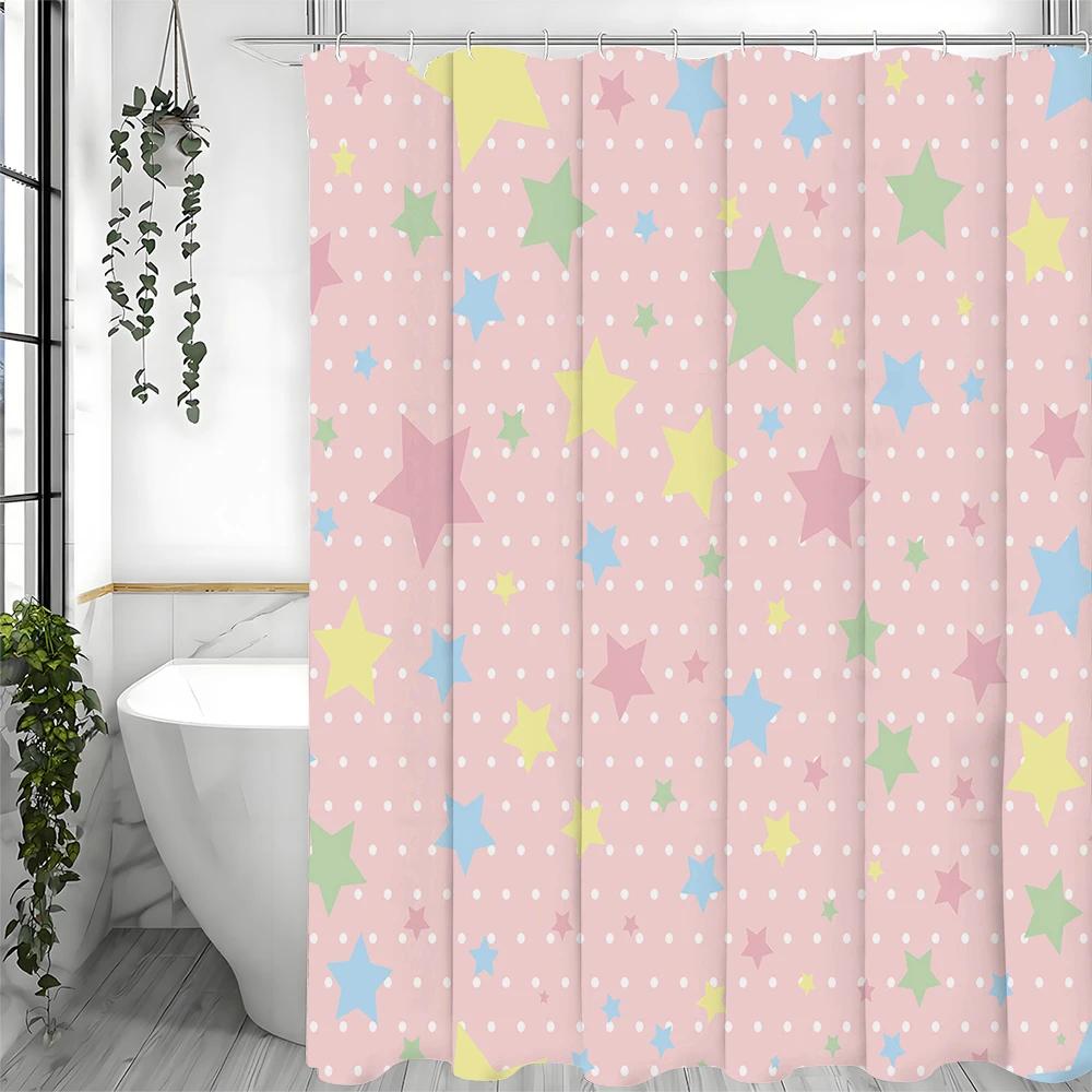 

Pink And White Polka Dot Colorful Stars Shower Curtain, Bathroom Decorative Shower Curtain, Waterproof Shower Curtain With Hooks W60H190(CM)-1 Pcs