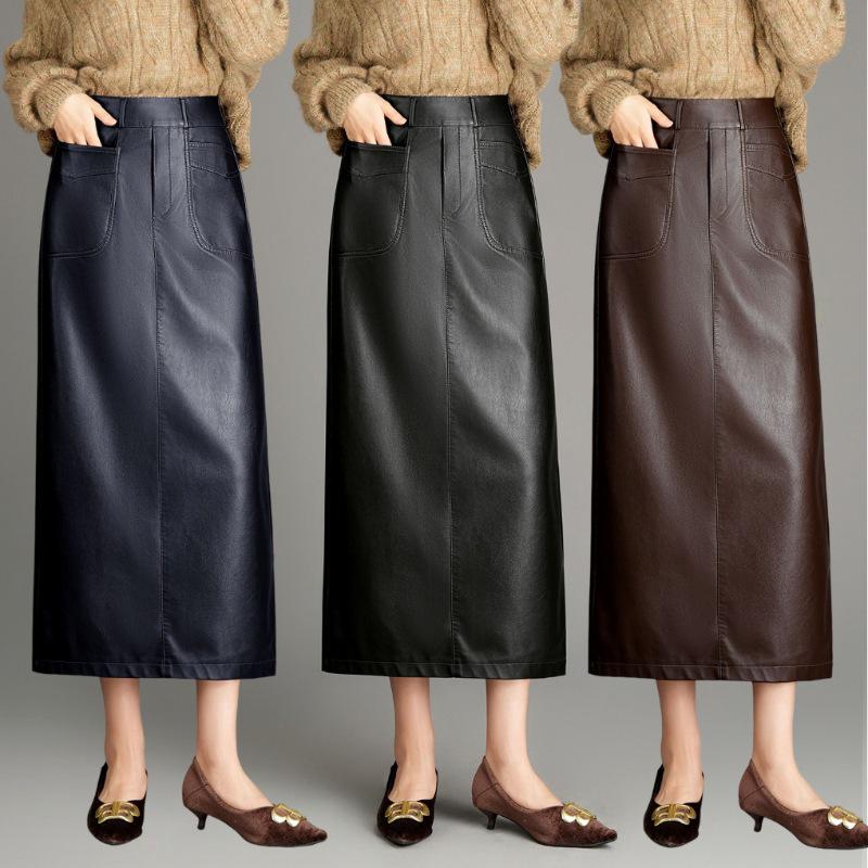 Luxurious Mid-Length Lambskin Leather Skirt with Stylish Slit for Women - Perfect for Autumn and Winter Elegance