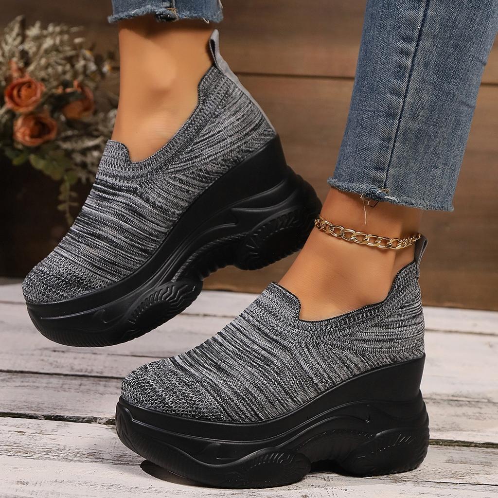 Heightening Thick Sole Fashionable Ladies Shoes  Autumn New Black Mesh Breathable Casual Slip-on Women's Vulcanized Shoes